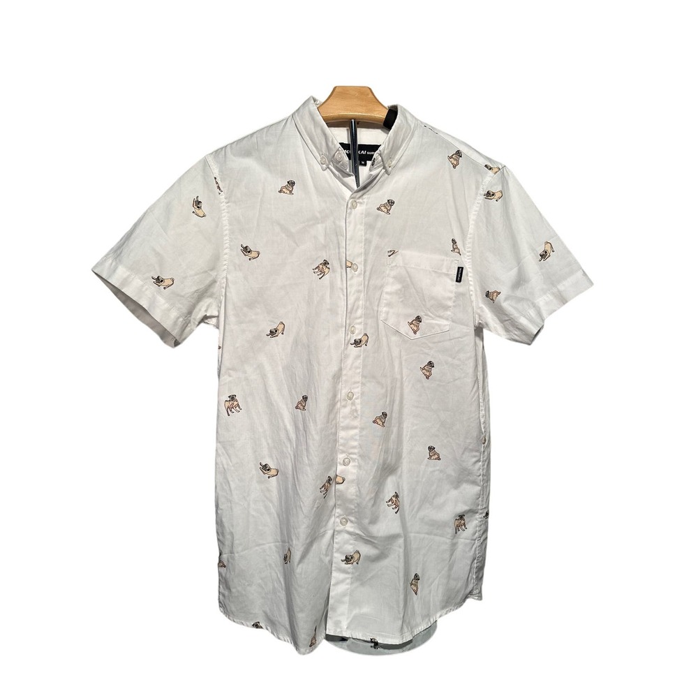 Molokai Surf Co. Men's Short Sleeve Button Down Shirt White w/Pugs M